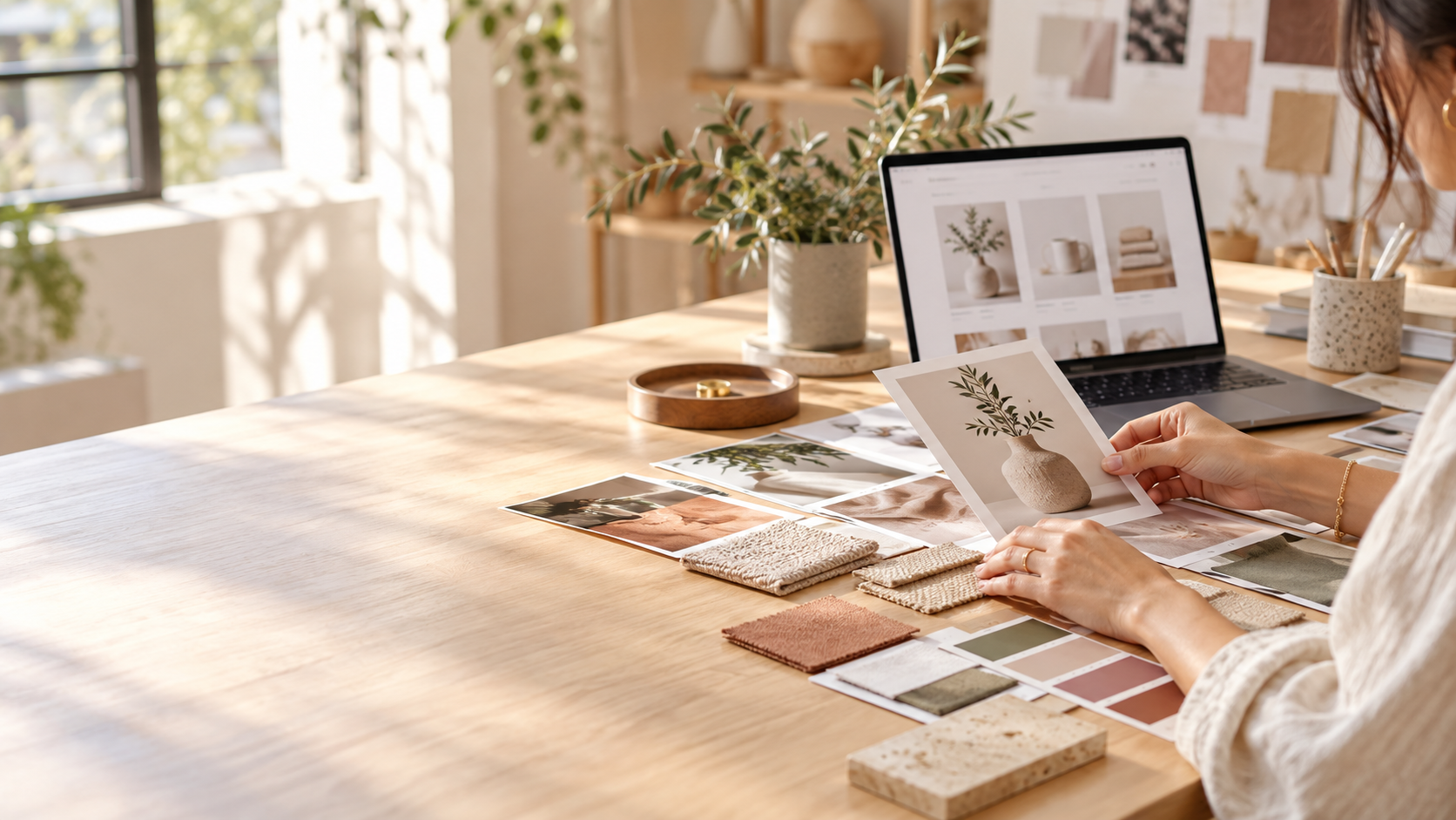 Merchant managing an online retail business from a modern studio